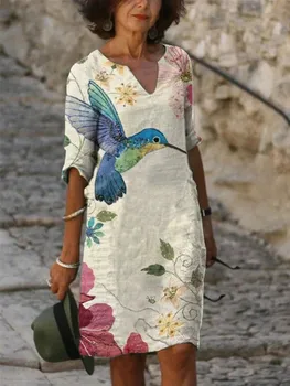 Moda Yangi Yozgi Ayollar Liboslari Tasodifiy Boho Gulli Bosma Yarim Yengli Lady Beach Ofis Liboslari Robe Femme